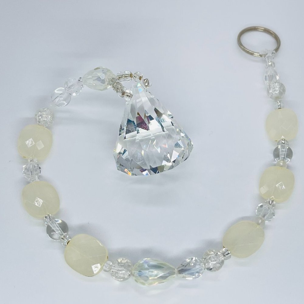 Beaded Suncatcher - White Clear - Crystal Triangle Prism - Hanging Decor
